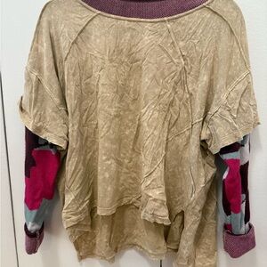 Free People Anya Twofer Tan Top with Colorful Sweater Sleeves
